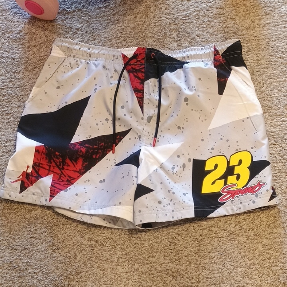 Jordan Men's Athletic Shorts in White with Red, Black & Yellow Accents